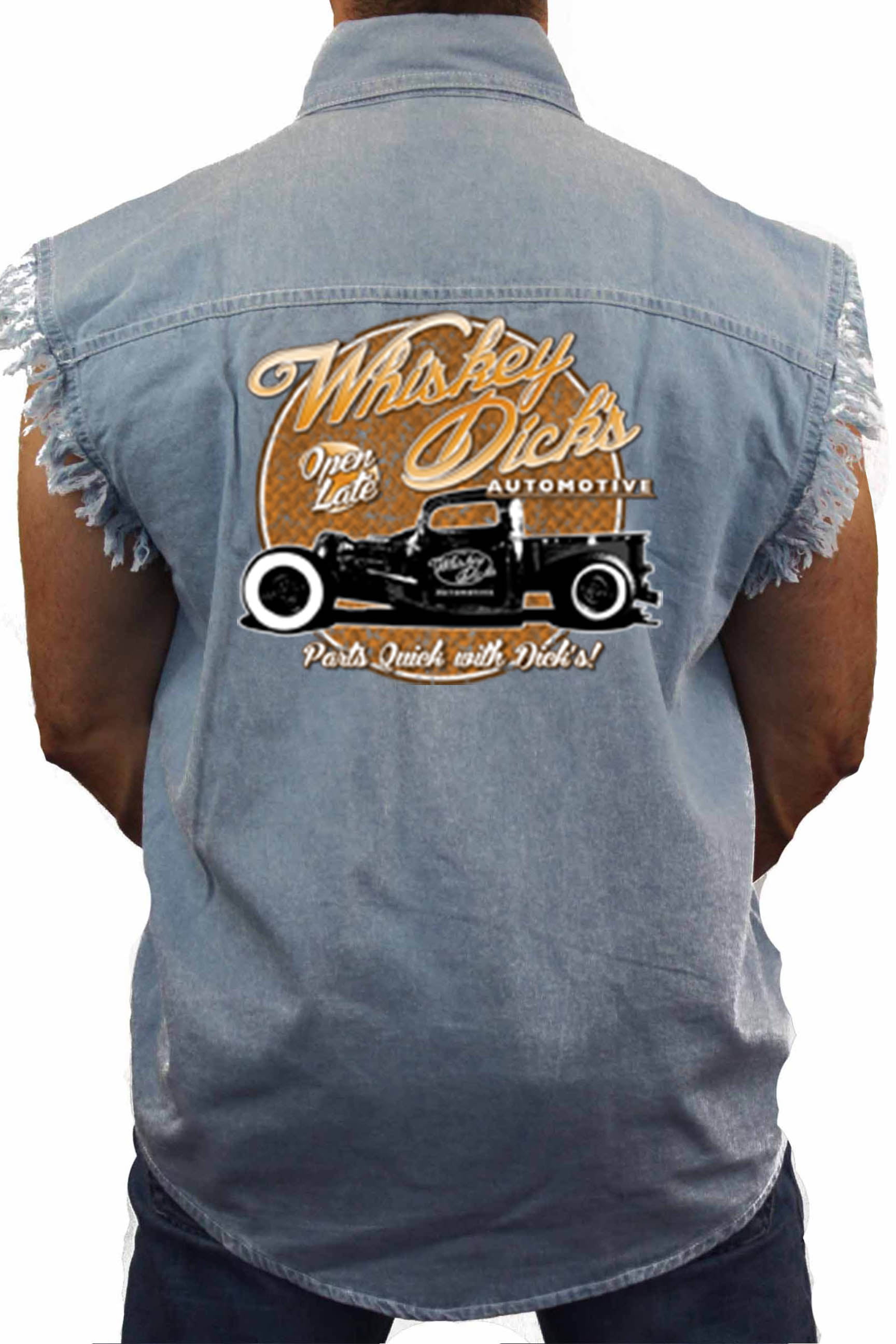 SHORE TRENDZ Mens Camo Sleeveless Denim Shirt Whiskey Dicks Automotive Parts Denim Vest 