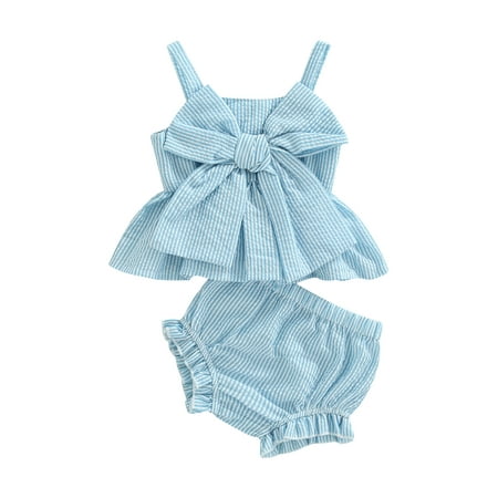 

Kiapeise Baby Girls Summer Outfit Sets Striped Print Big Bow Embellished Sleeveless Sling Tops + High Waist Stretch Shorts