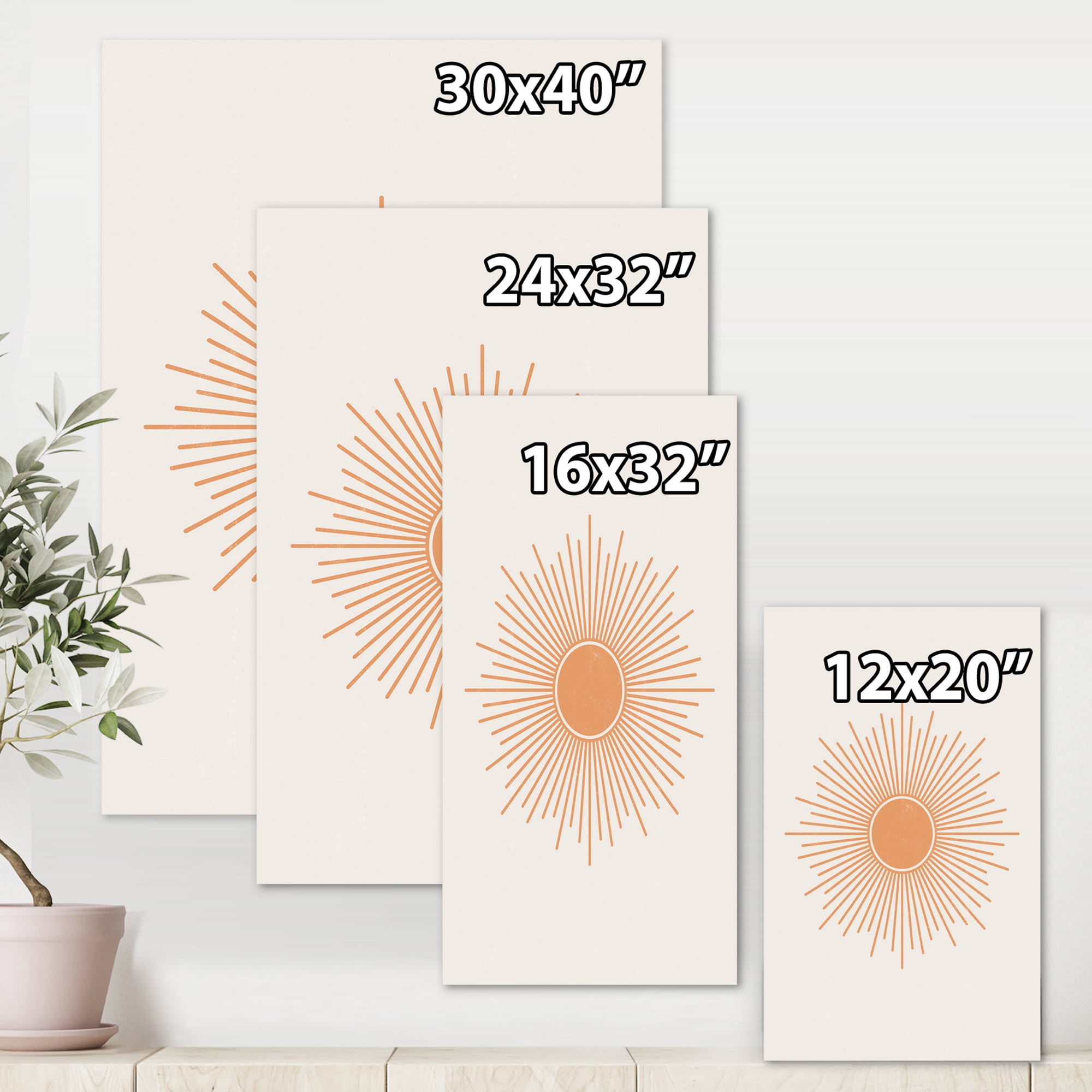 Minimal Bright Shining Orange Sun Rays III 16 in x 40 in Painting Canvas Art Print, by Designart