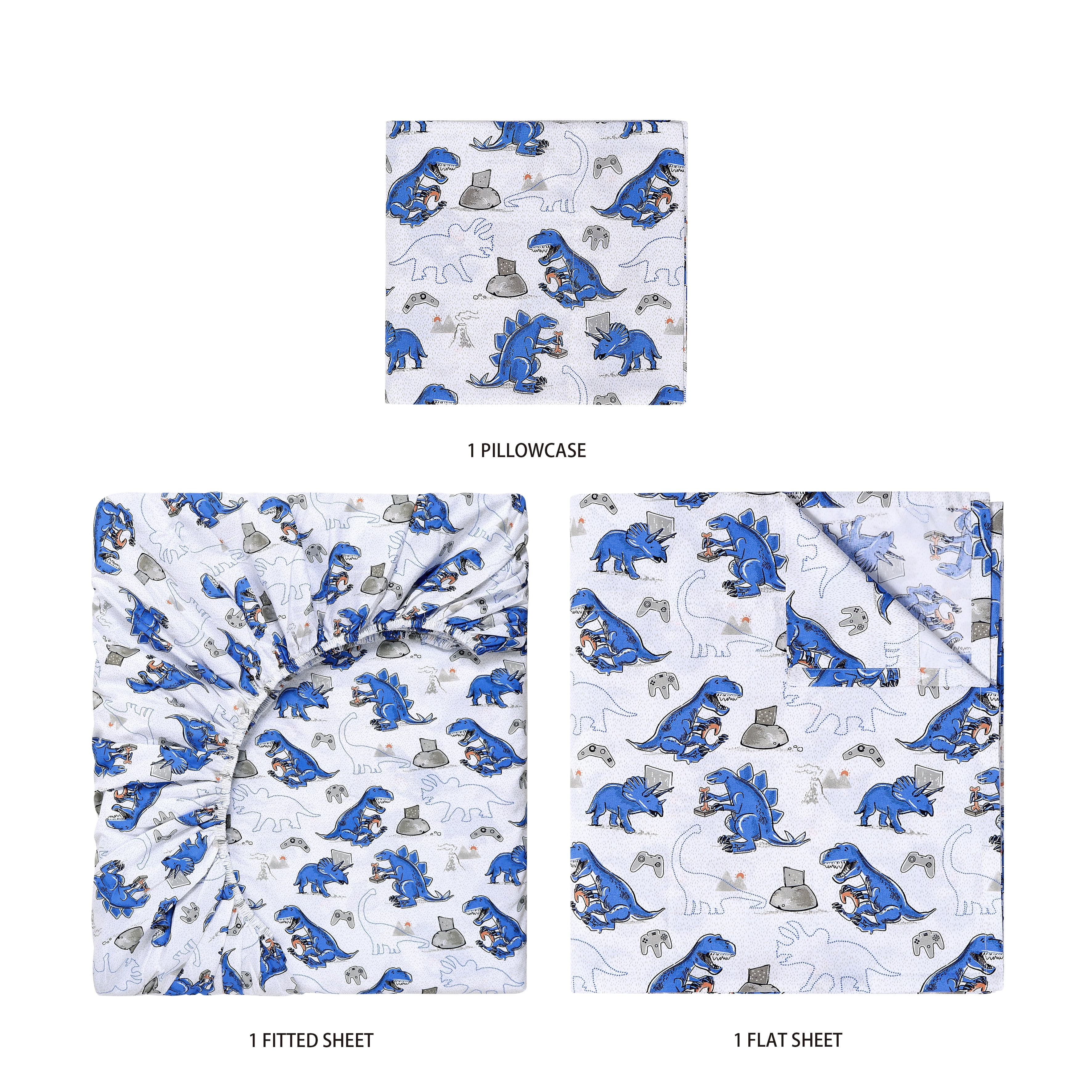 Your Zone Kids Soft Microfiber Sheet Set, Dino Gamer, Twin, 3 Pieces, Easy Care