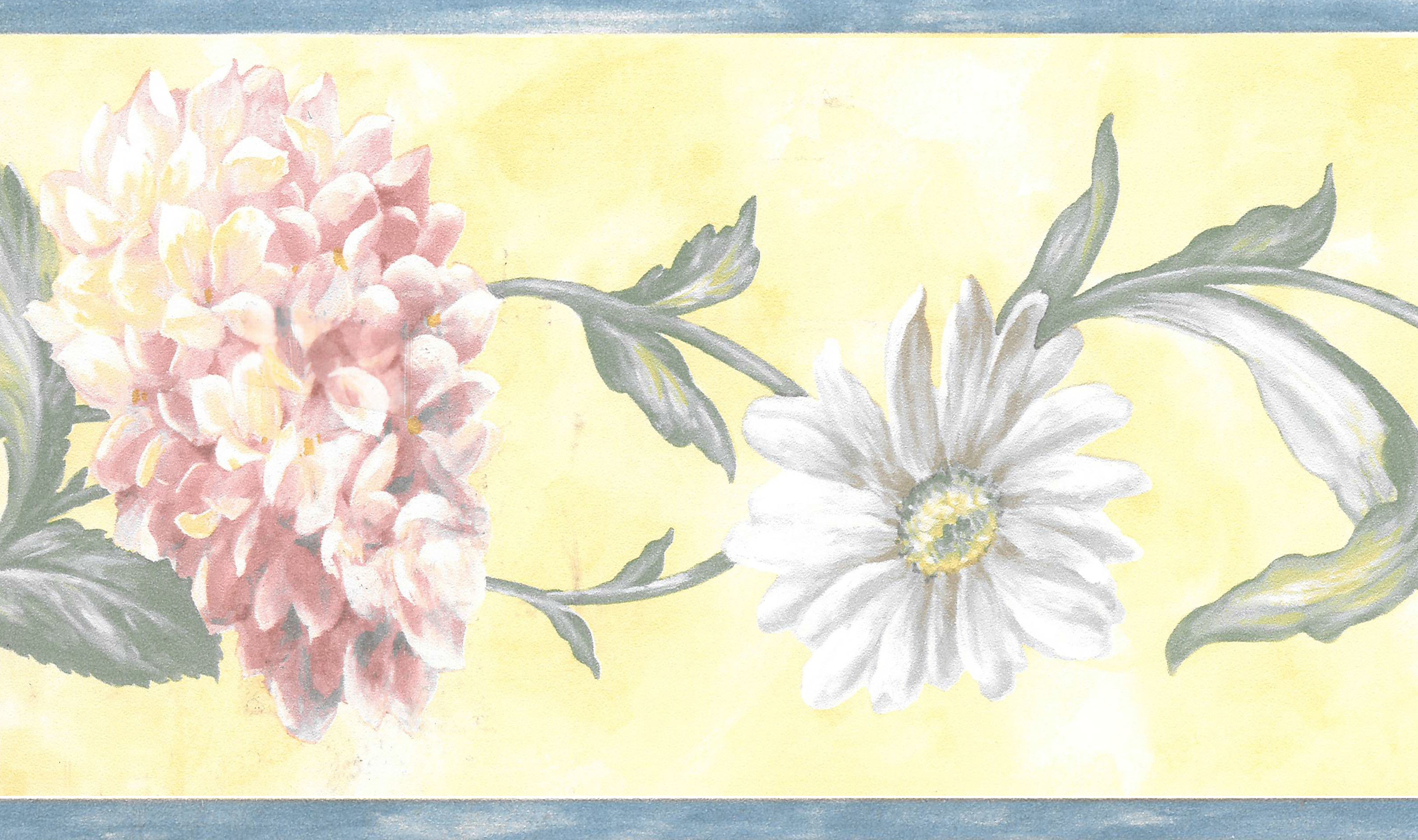 Prepasted Wallpaper Border Floral Blue Trim, Pink, Green, Yellow
