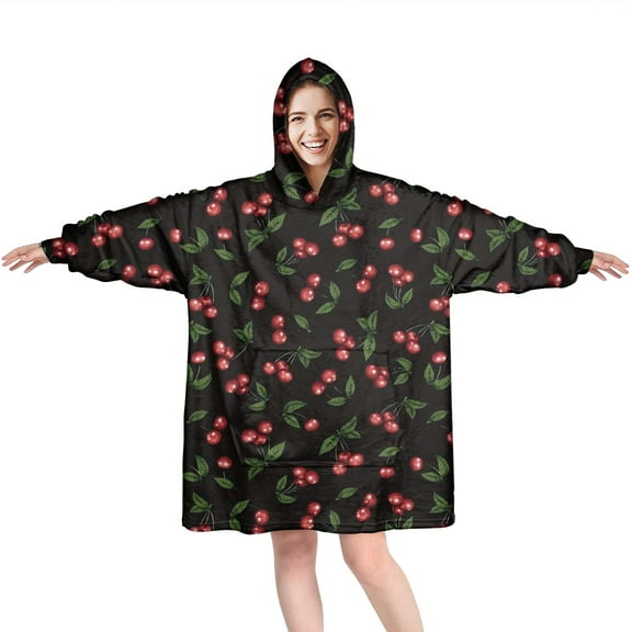 Wearable Oversized Blanket,Black Christmas Cherry Pattern Wearable Blanket Hoodie for Adults,Cozy Hooded Blankets with Super Pockets,Super Warm Fuzzy Pullover for Women & Men