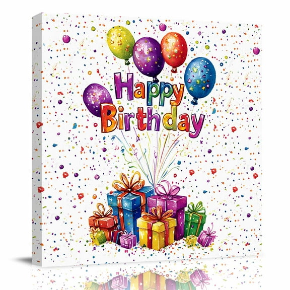 Canvas Print Wall Art Oil Paintings Happy Birthday Colorful Present Picture Prints Artwork for Living Room Kitchen Bathroom Bedroom,Stretched and Framed Ready to Hang,Watercolor Balloon Party
