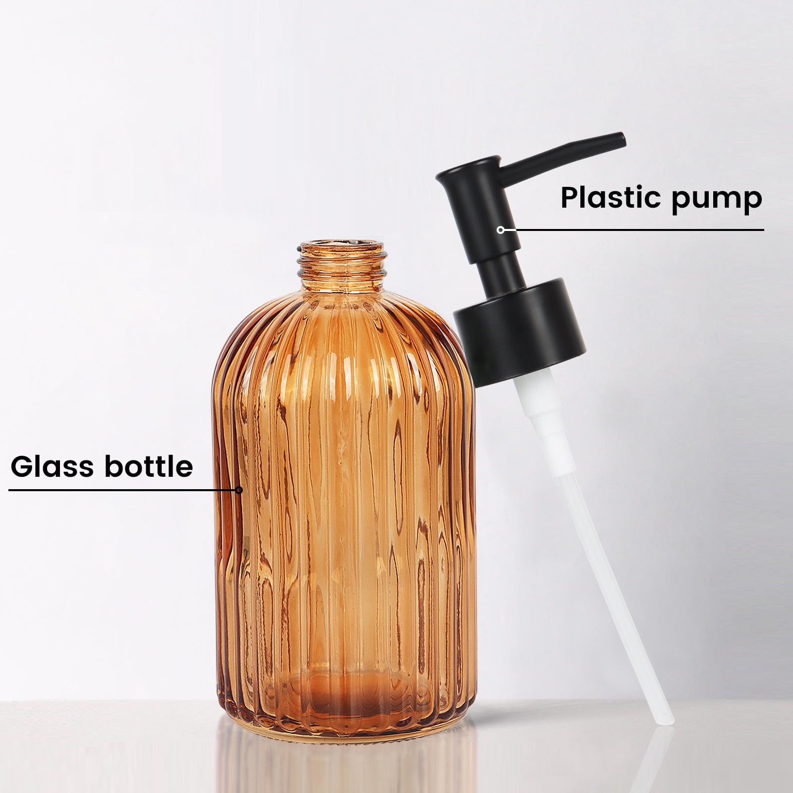 2-Pack 400ML Vertical Striped Glass Soap Dispenser - Amber Brown with Black Pump, Refillable Hand Soap Holder for Bathroom Kitchen Sink