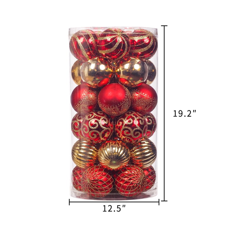 Red & Gold Shatterproof Christmas Ball Ornaments - 1.6 Inch, Set Of 36, 6 Styles For Tree Decor