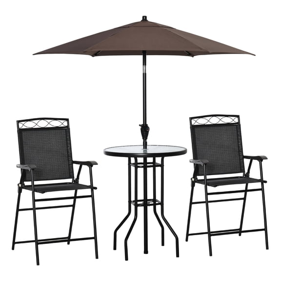 4 Piece Outdoor Patio Dining Furniture Set, 2 Folding Chairs, Adjustable Angle Umbrella, Textured Tempered Glass Dinner Table, Black