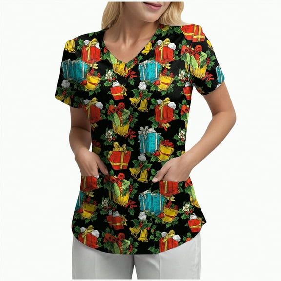 Towmus Womens Christmas Scrub Tops Cute Print V Neck Short Sleeve Shirts Nurse Uniforms Graphic Blouses with Pockets S-3XL