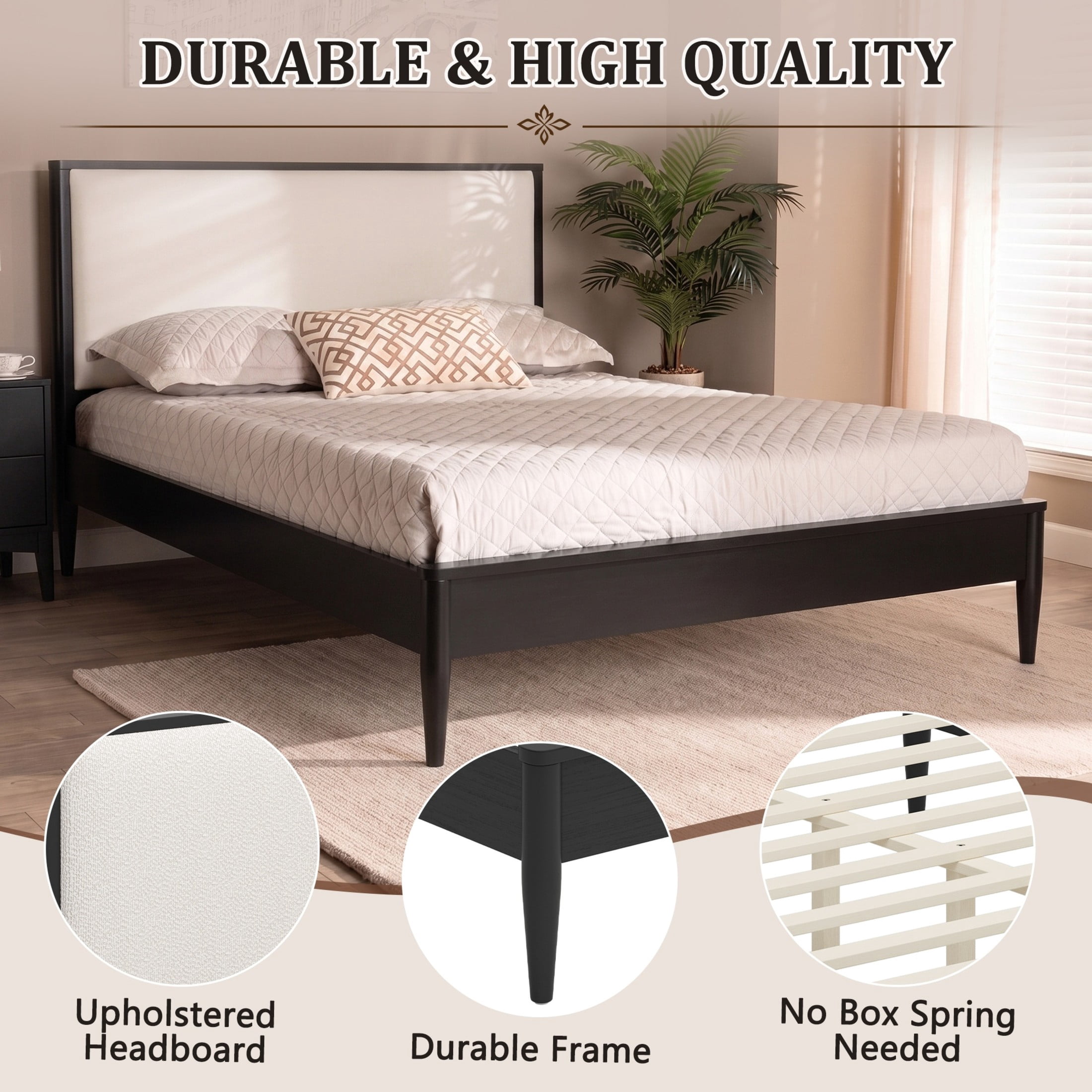 Christopher Knight Home Mid-Century Queen Platform Bed Frame with Boucle Upholstered Headboard, Black