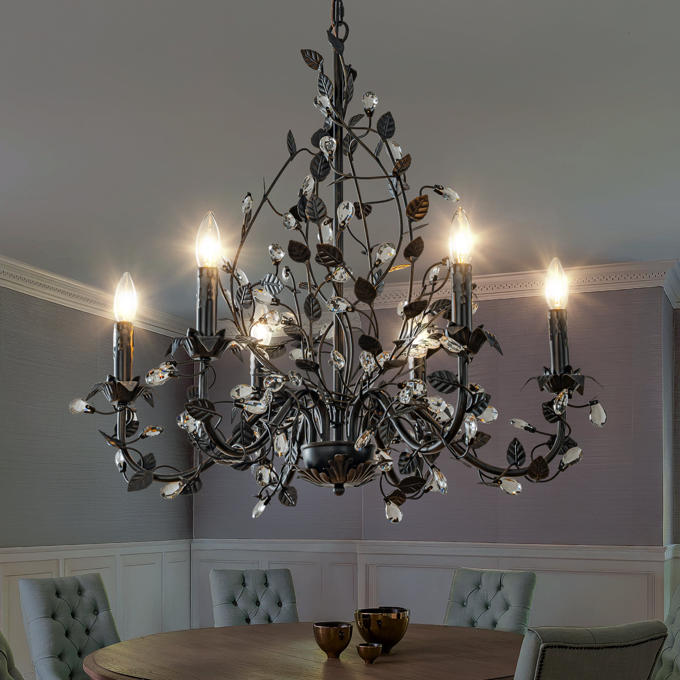 Contemporary 6-Light Dark Bronze Leaf Chandelier Elegant Interior Lighting With Crystal Accents For Dining Room Living Room