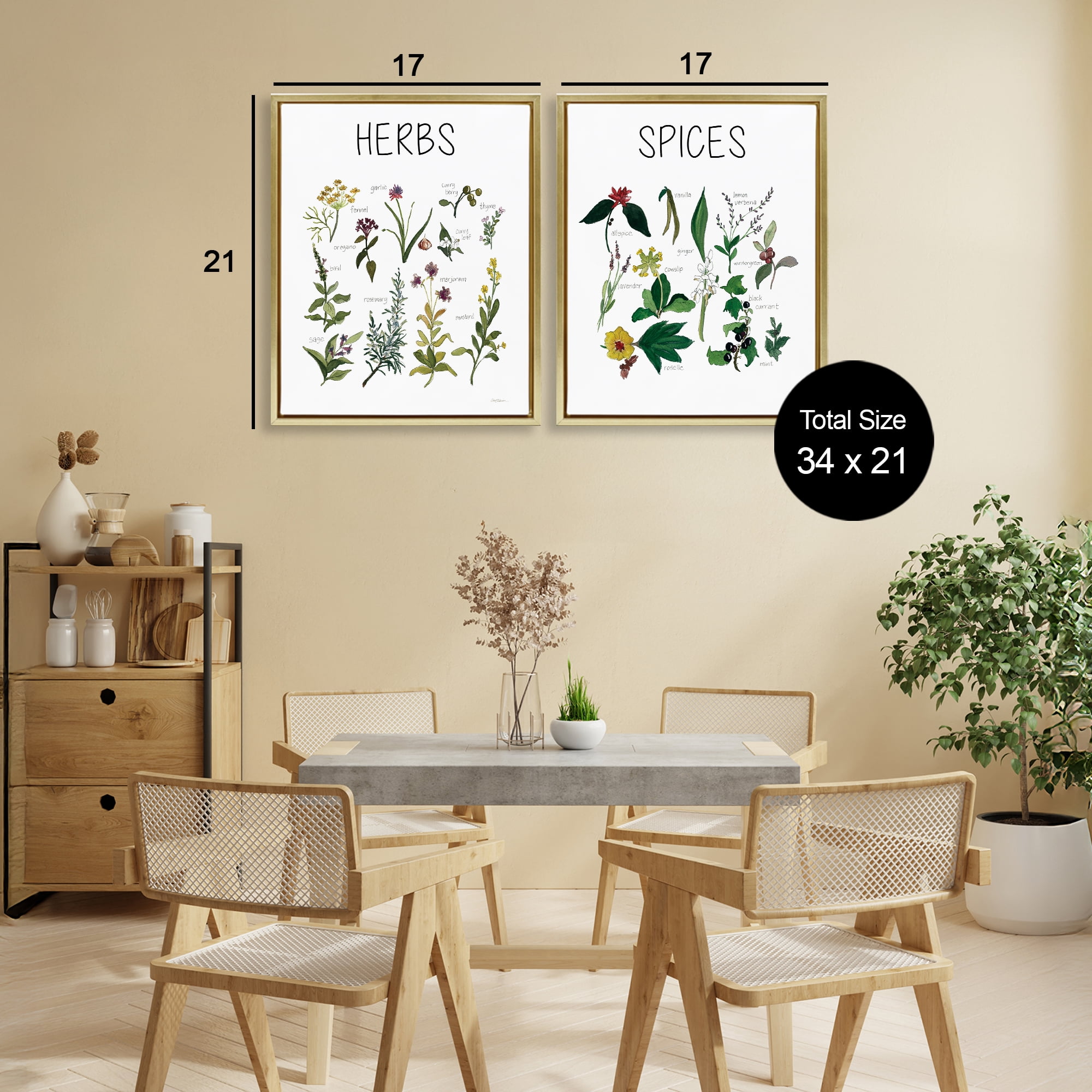Stupell Industries Culinary Herbs & Spices 2 Piece Gold Framed Floater Canvas Set, design by Carol Robinson