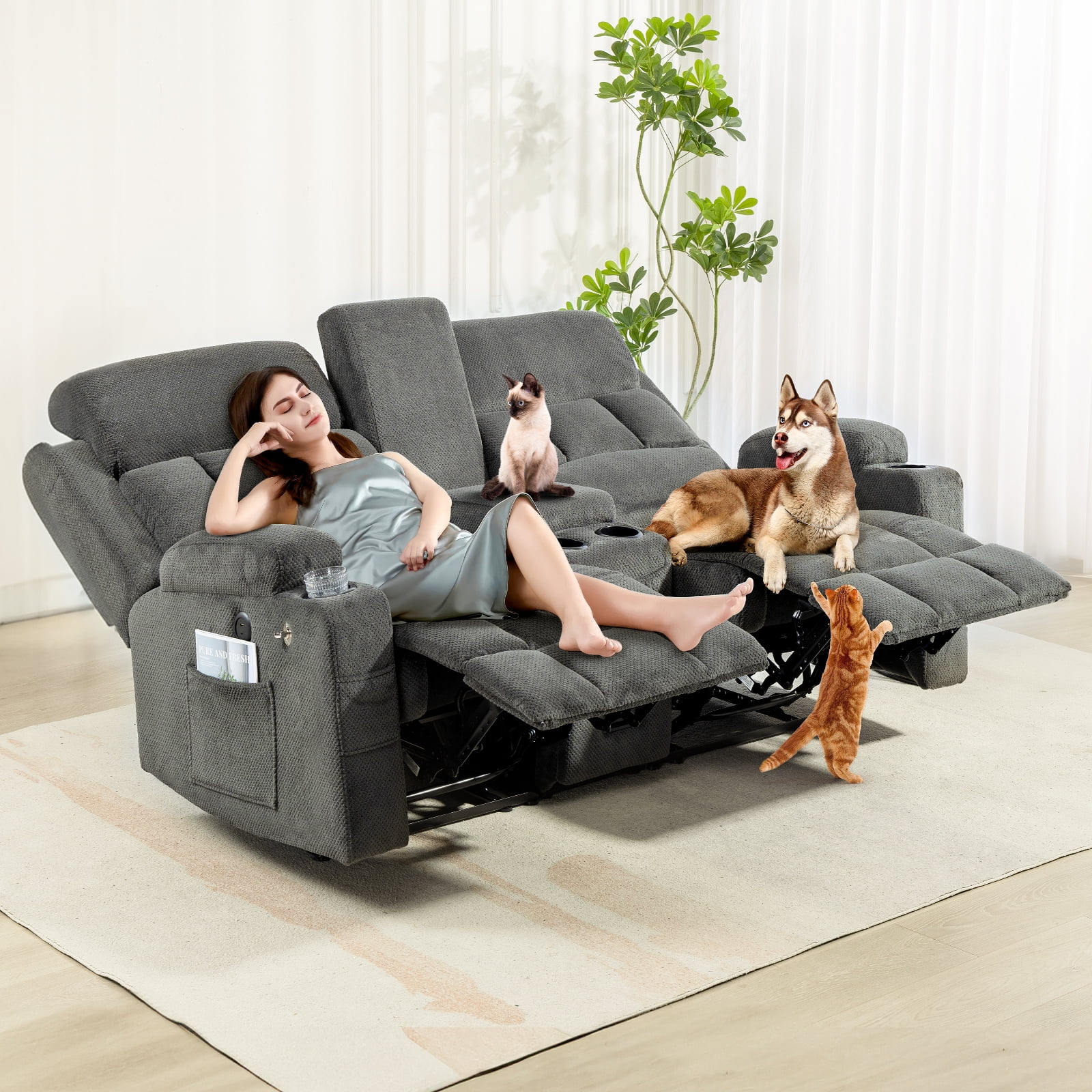 ReeQuo Oversized Reclining Loveseat with Adjustable Headrest, Dual Storage Console, USB & Type-C Charging, 4 Cup Holders & Phone Stands – Comfortable 2-Seater Recliner Sofa
