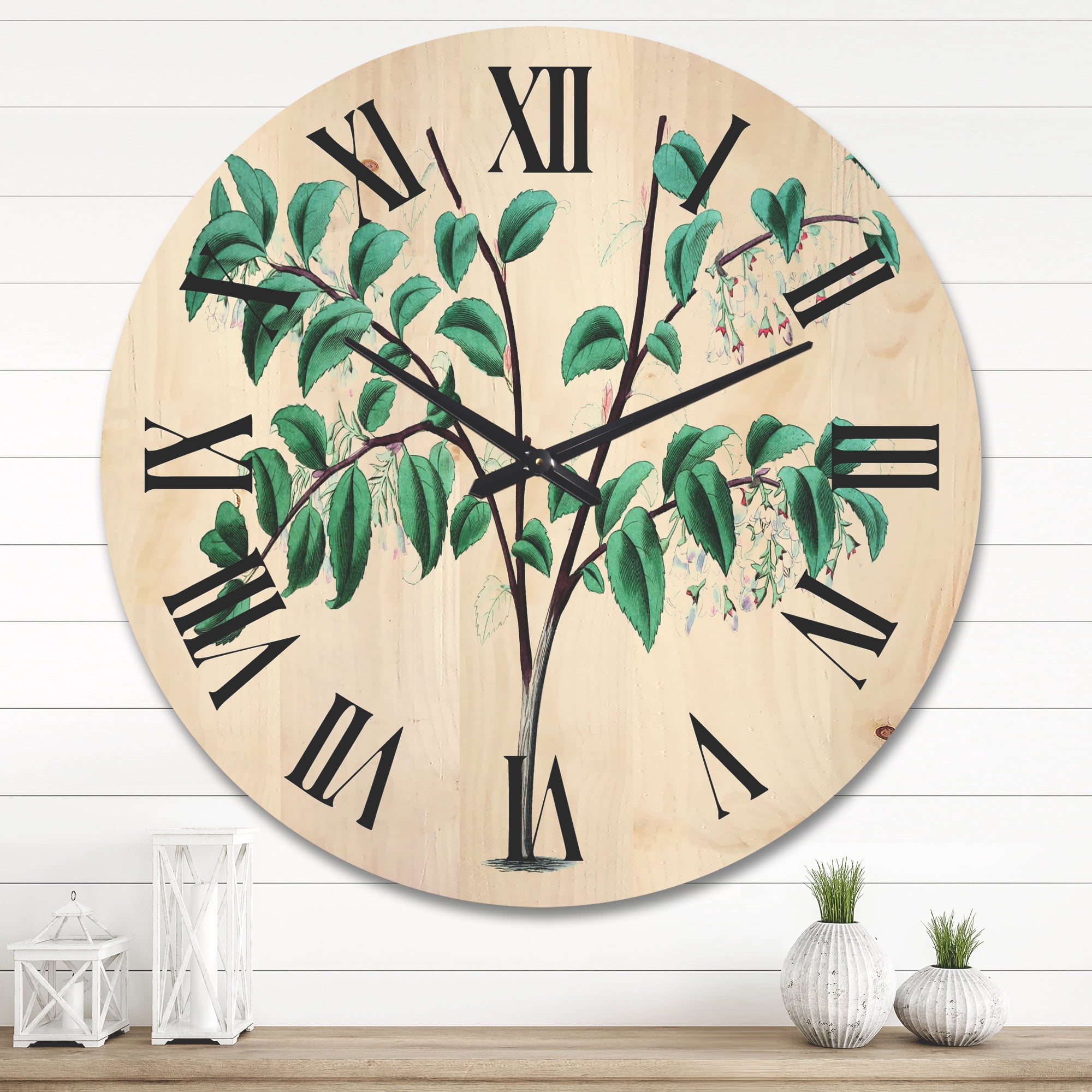 Designart 'Ancient Green Leaves Plants I' Traditional Wood Wall Clock
