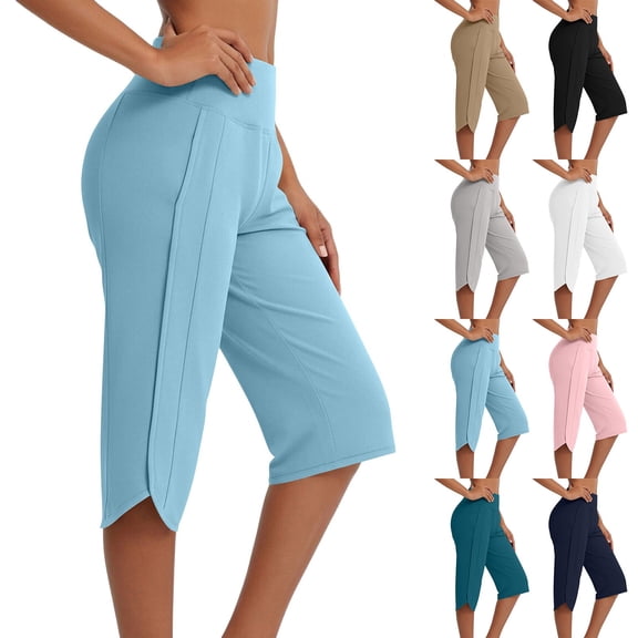 Womens Long Shorts Quick Dry Stretch Yoga Capris Sweatshort High Waist Workout Gym Shorts with Pockets (XL, Blue)