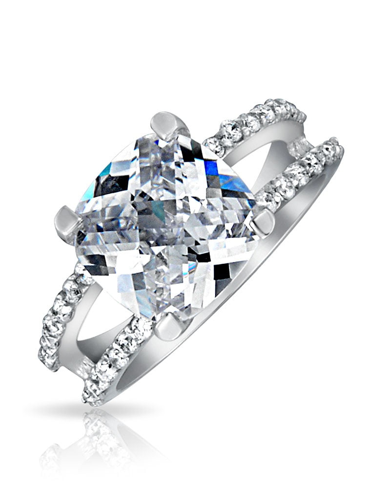 Princess Kylie Halo Set Round Center Cubic Zirconia Split Band Wedding Ring Rhodium Plated Sterling Silver