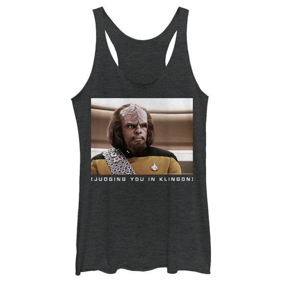Women's Star Trek: The Next Generation Worf Judging You in Klingon Racerback Tank Top Black Heather Medium