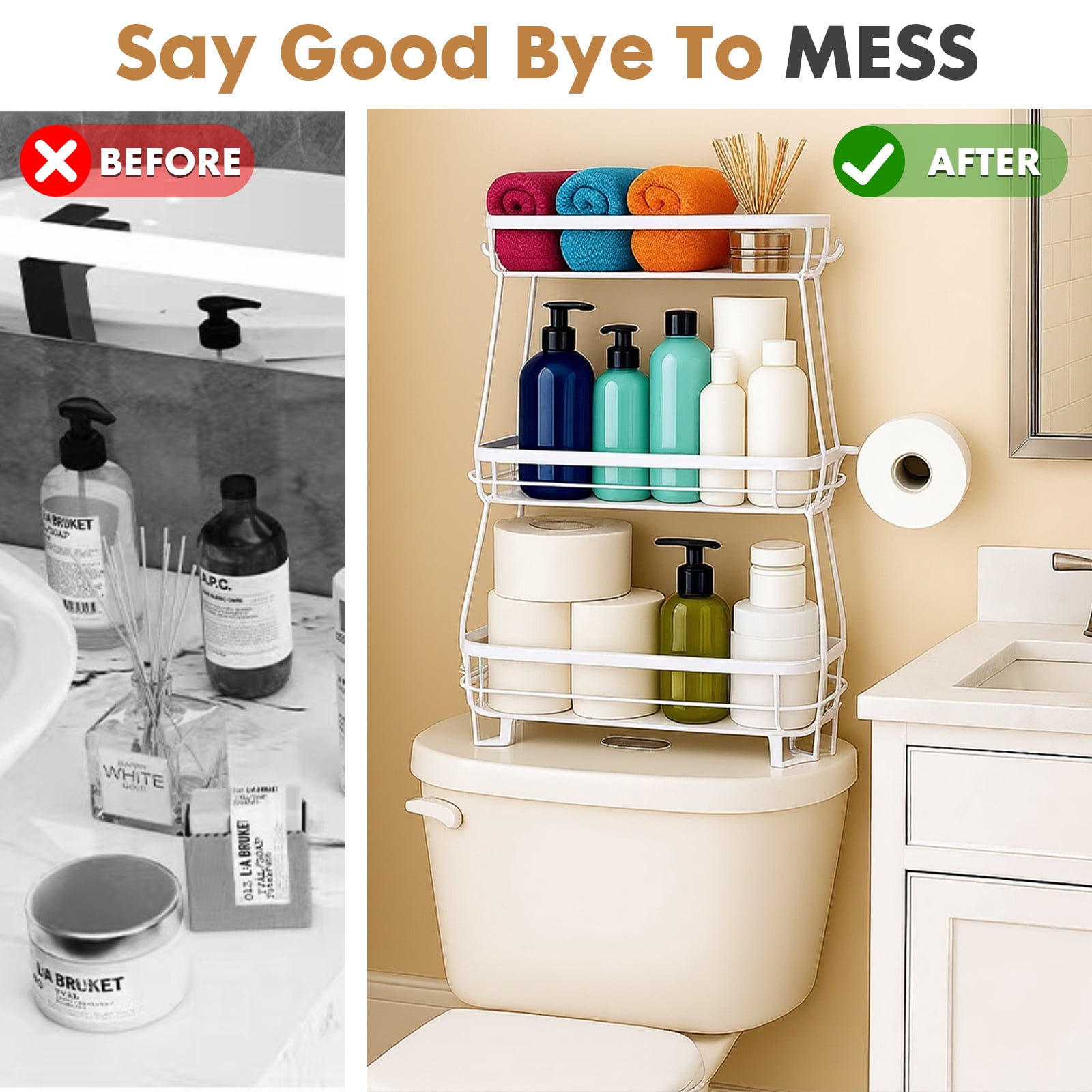 YOYTOO Over the Toilet Storage Shelf, 3 Tier Freestanding Bathroom Caddy Organizer Behind Toilet Stand Shelves Towel Rack with Toilet Paper Roll Holder, White