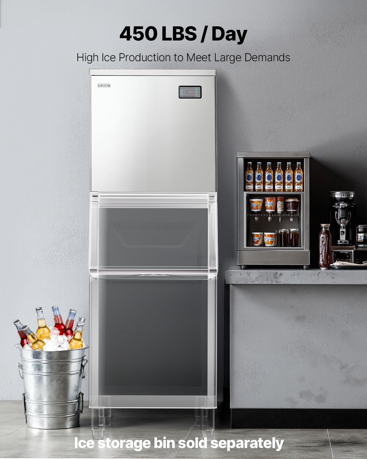 VEVOR Commercial Ice Maker Machine - Head, 450 Lbs/Day Stainless Steel Ice Machine with Scheduled Ice-Making, Self-Cleaning, Adjustable Thickness, Ideal for Restaurant Bar Cafe Hotel - Head Only