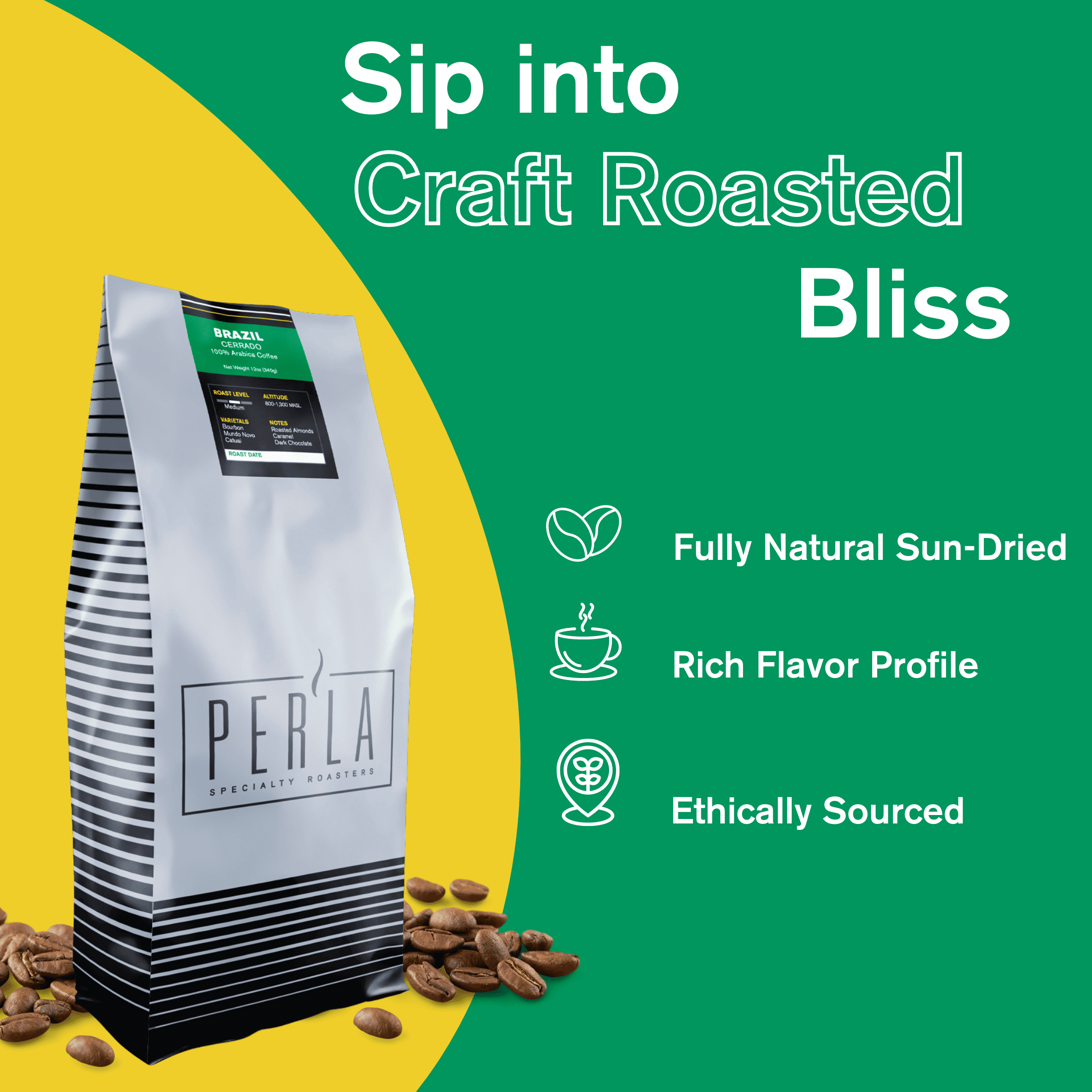 Per'La Specialty Roasters Single Origin Brazil, Medium Roast, Whole Bean 12oz, Naturally Caffeinated