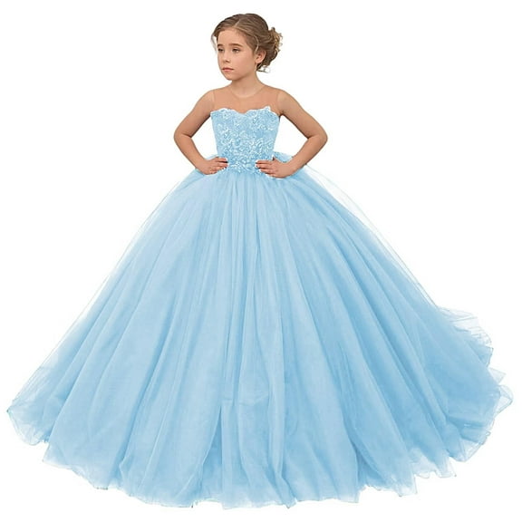 Girl Tulle Flower Dress for Wedding Lace Applique Princess Pageant Dresses Long Girls Party Ball Gow