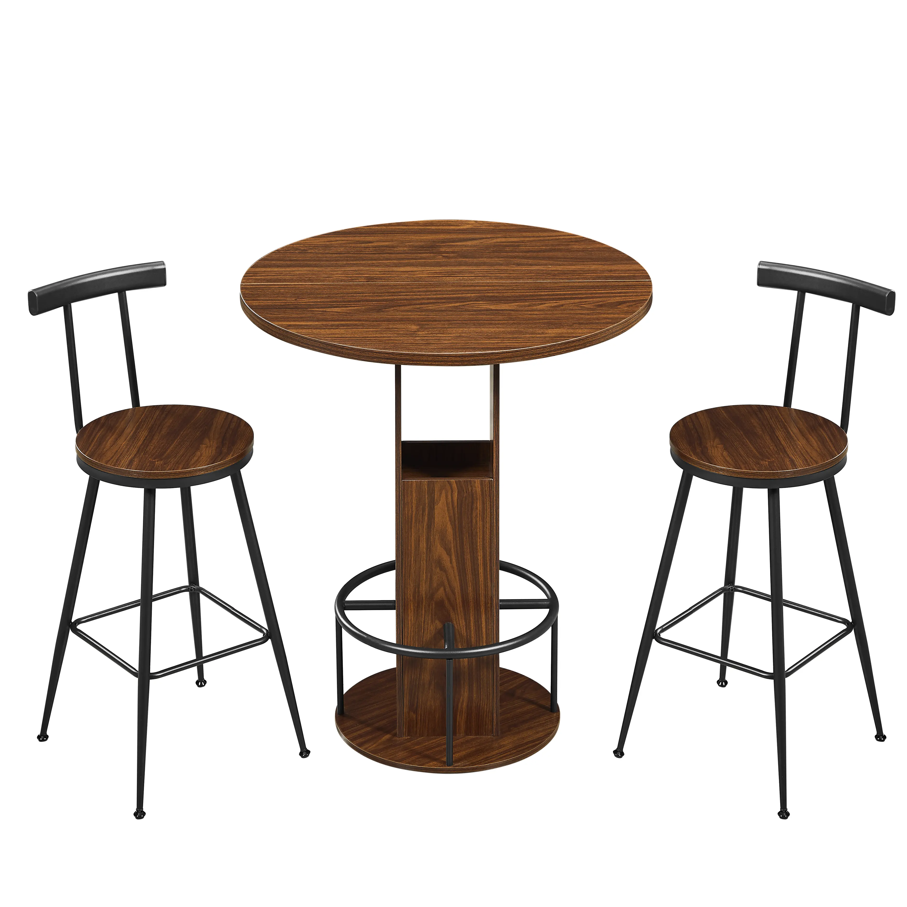 Aukfa Round Dining Table Set for 2, Dining Table with 2 Bar Stools, Storage Base & Footrest,Space-Saving Kitchen & Dining Table Set,Brown