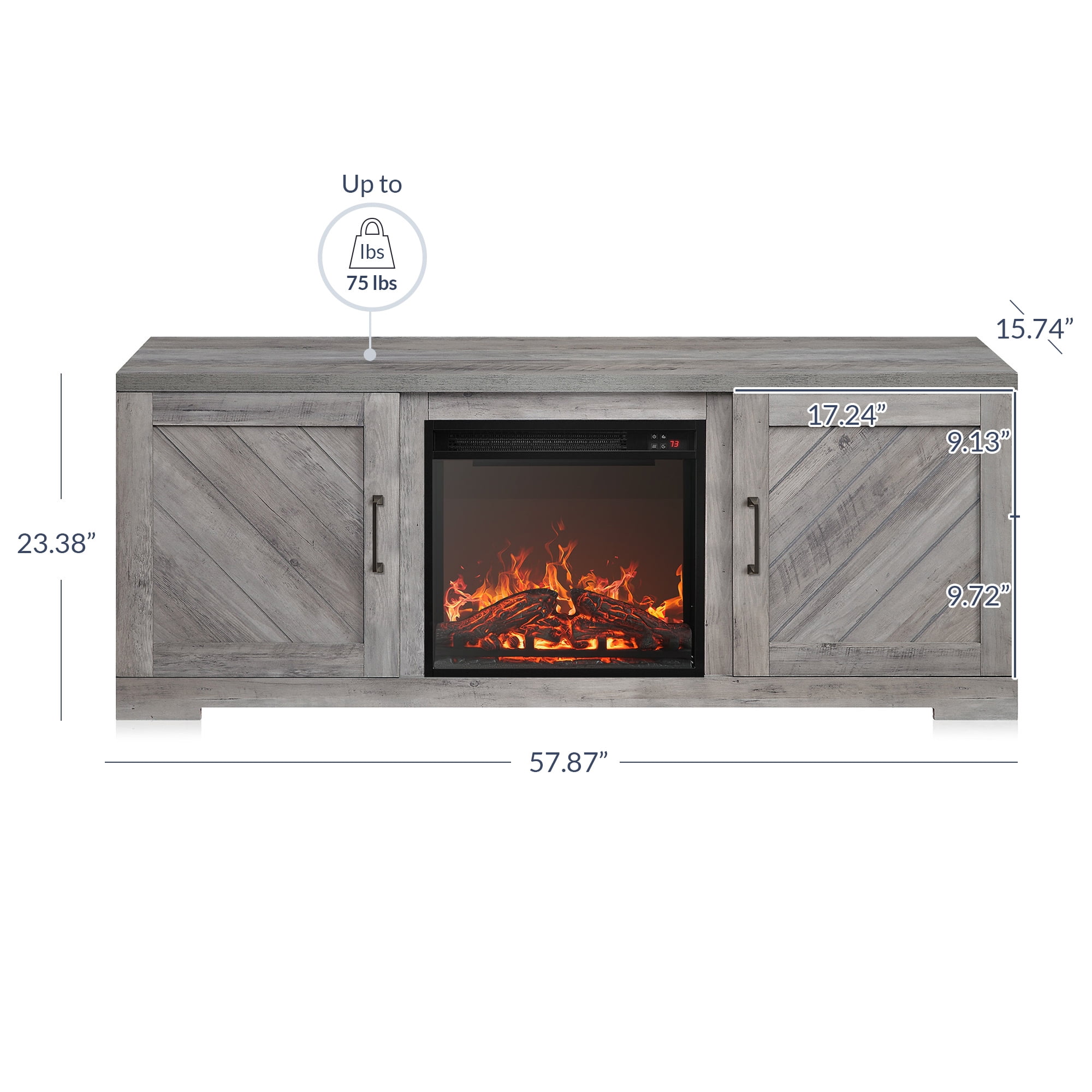 BELLEZE 58" Farmhouse TV Stand Media Entertainment Center For TVs up to 65" with 18" Fireplace - Hilo (Gray Wash)