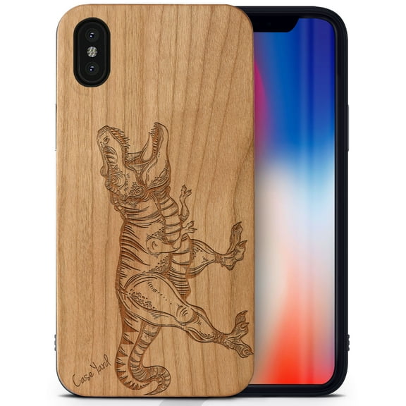 Case Yard Wooden Case Outside Soft TPU Silicone, Slim Fit Shockproof Wood Protective Phone Cover for Girls Boys Men and Women, Supports Wireless Charging T-Rex Design case for iPhone-XS-Max
