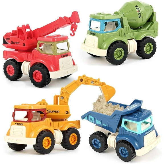 Push and Go Toy Cars for Toddlers 3-6,4PCS Construction Toy Trucks,Friction Power Vehicles,Dump Truck,Excavators,Bulldozers,Educational Toys,Birthday Christmas Gifts for  3 4 5 Years Old Boys