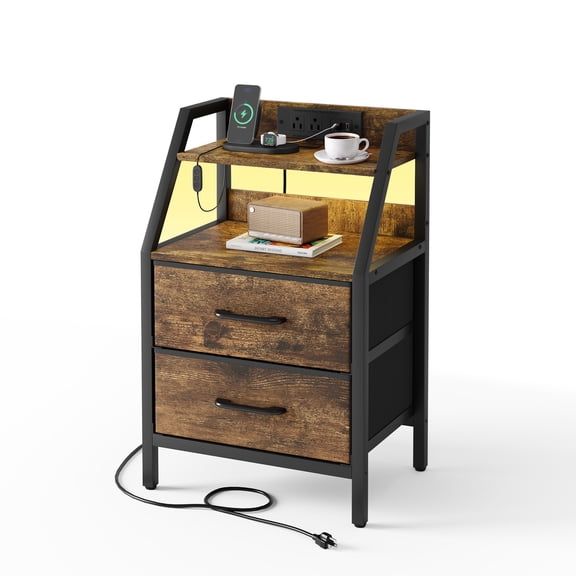 Doyolan Rustic Nightstand with LED Lights and Charging Station, 2 Drawer Bedside Table with USB Ports and Power Outlet, Storage End Table for Bedroom, Brown