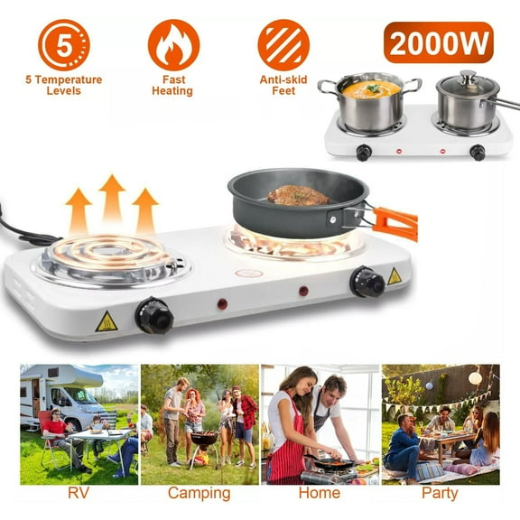 Wallfire Portable Electric Double Burner, 2000WElectric Hot Plate Kitchen Cooktop Cooking Stove Frying Pan and Easy to Clean for Home or Dorm, 5 Adjustable Temperatures, White