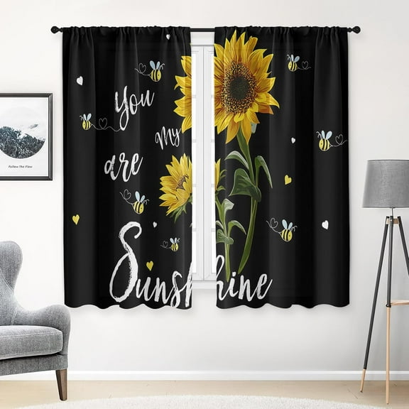 Sunflower Kitchen Curtains 63 Inch Length Bees Flower Window Curtains Over Sink Set of 2, Summer Curtain for Bedroom Living Room, Black Background Farmhouse Kitchen Decor 42x63 Inch