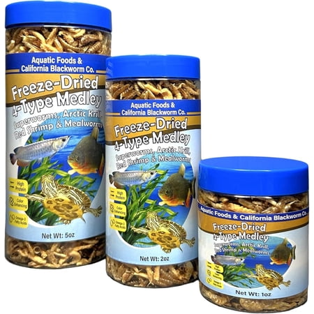 4-Type Mix of Superworms, Krill, Red Shrimp, Mealworms for Fish, Reptiles, Turtles, Tortoises, Frogs, Hamsters, Birds, Rodents 5oz Canister