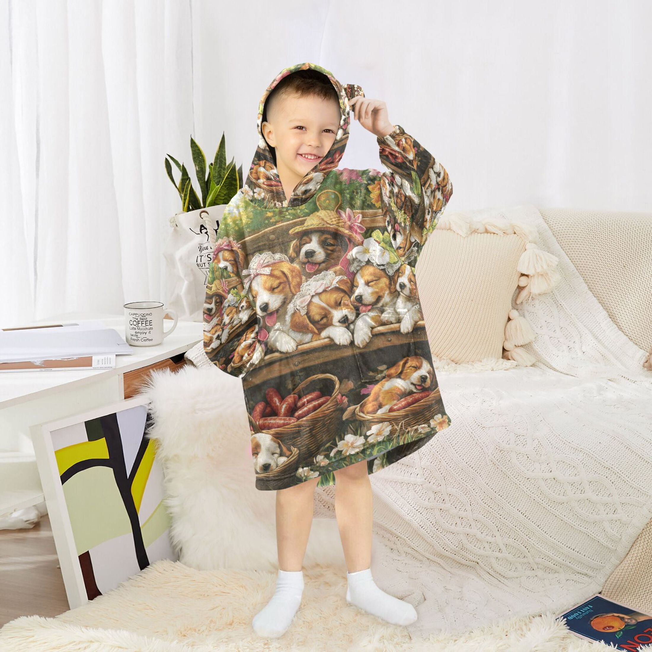 YAZAOO Kids Wearable Blanket Hoodie Warm and Cozy Puppy Playdate in Bloom Flannel Sweatshirt