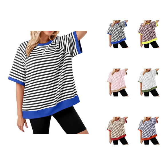 Striped Shirt Women 2026 Summer Casual Short Sleeve Crewneck Color Block Y2k Oversized T Shirts