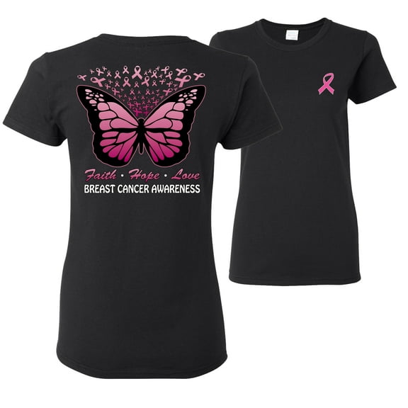 Wild Bobby Faith Hope Love Butterfly Ribbons Breast Cancer Awareness Front and Back Womens Graphic T-Shirt, Black, Small