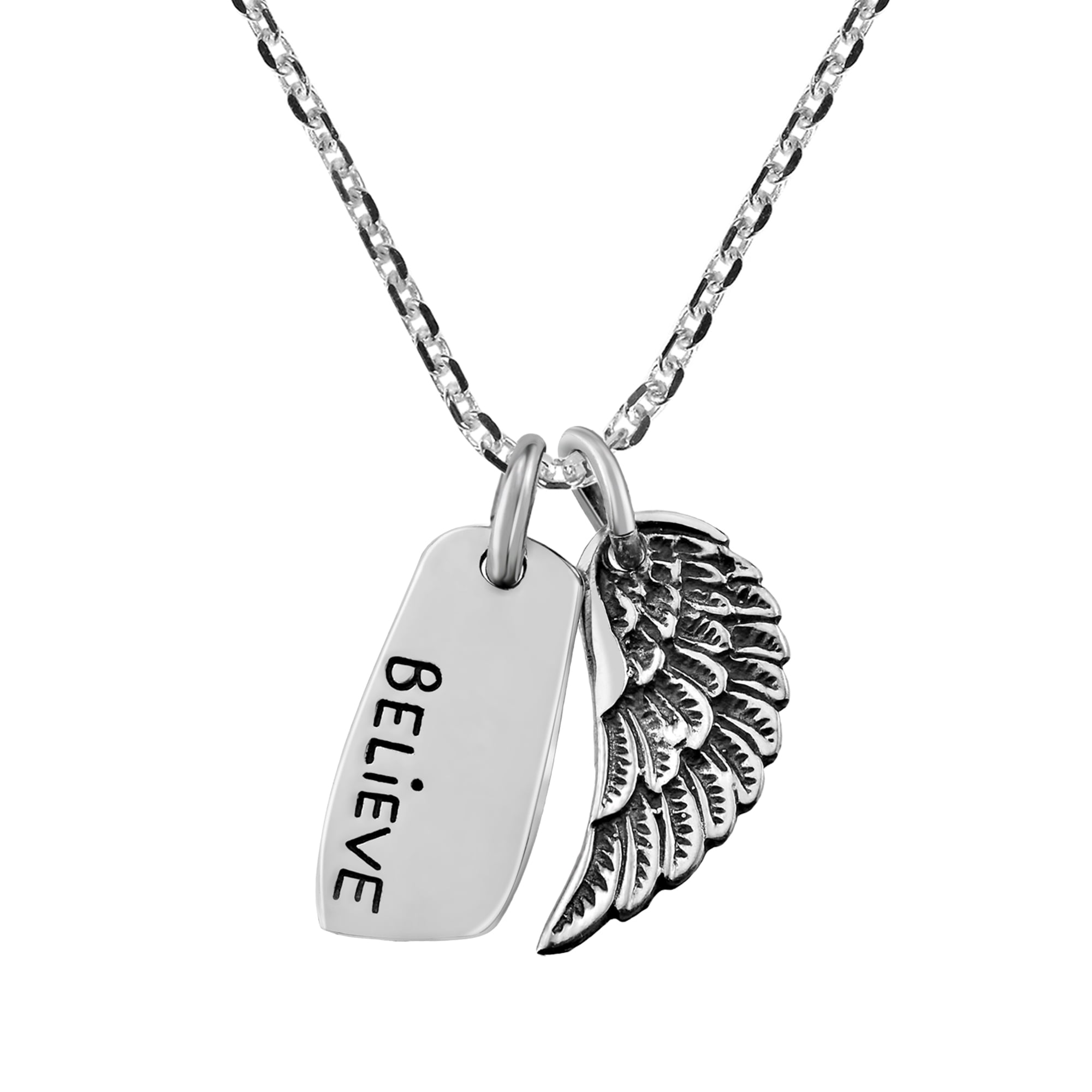 Uplifting Believe and Angel Wing .925 Sterling Silver Pendant Necklace