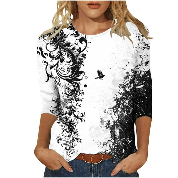 Summer Womens Plus Size Tunic Blouses Gradient Print Tee Shirts Scooped Neck 3/4 Sleeve Tops Loose Fitted T Shirts Vintage Trendy Y2K Blouse Going Out Party Clothing Spring Streetwear