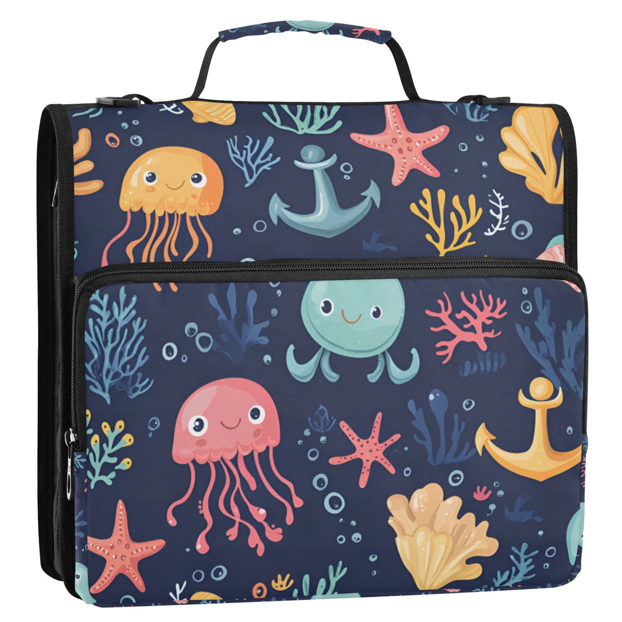 FORMRS Zipper Binder with Shoulder Strap 2-inch Ring 500 Sheet Capacity File Bag, Red Jellyfish