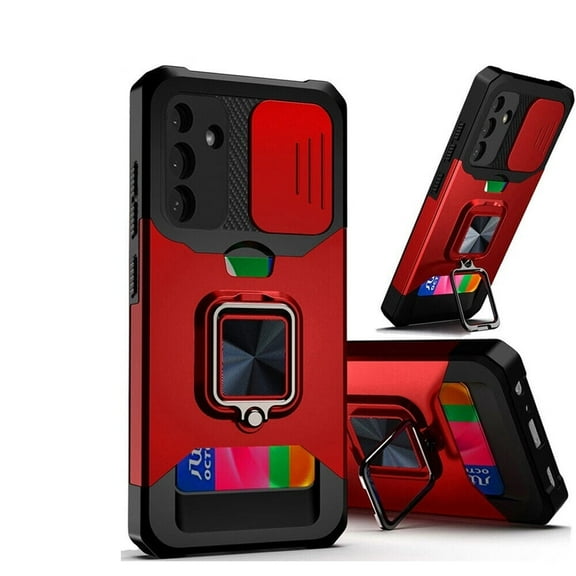 For Samsung Galaxy A16 5G Multi-Functional Camera Ring with Card Hybrid Kickstand Cover Cell Phone Case with Tempered Glass - MF Camera Red