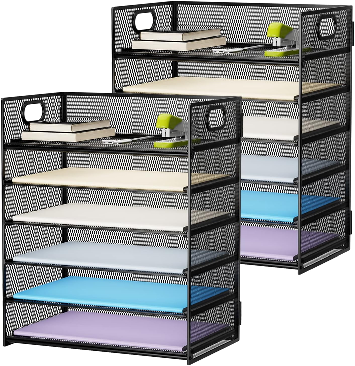 2 Pack Desk Organizer with Handle, 6 Tier Paper Letter Tray, Mesh Desk File Organizer for Office, School and Home - Pink