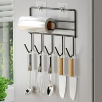Black Refrigerator Rack Wall Mount Paper Towel Holder with Hooks,Fridge Side Shelf Kitchen Hooks for Towel, Pot Pan, Spoon, Coats, Bathrobe, Wall Mounted Hanger