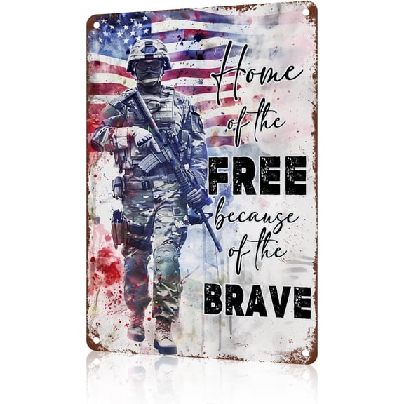 Memorial Day Metal Tin Sign Veteran Soldiers Wall Decor Home of the Brave Outdoor Farmhouse Independence Day Summer Decoration 8x12 Inch