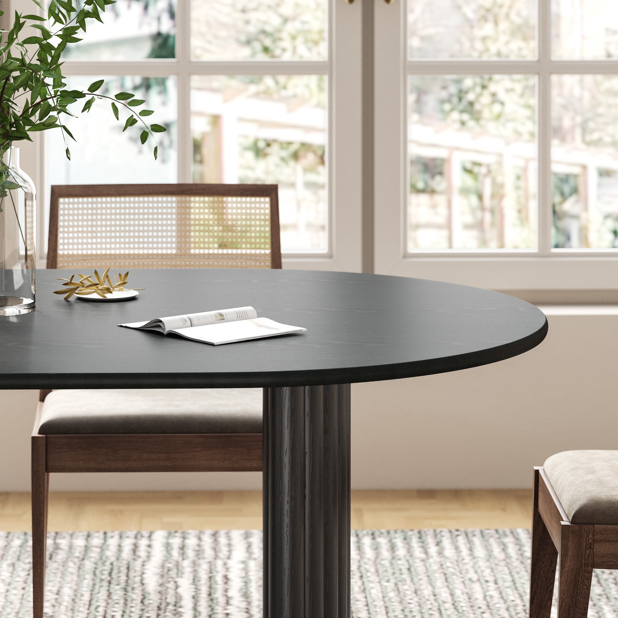 MAYEERTY Modern 67*33.5*30" Oval Black Dining Table with Arc - shaped Fine - Striped Legs, Seats 6