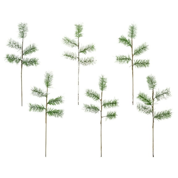 AuldHome Design Flocked Evergreen Greenery Picks (6-Pack); Snow Frosted Christmas Decor Floral Stems for Wreaths, Vases and Holiday Floral Arrangement