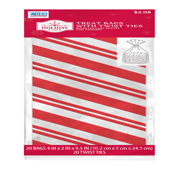 Way to Celebrate 20ct Cello Christmas Treat Bags 4"x9.5" with 20 Red Twist Ties- Stripes