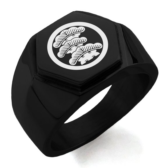 Stainless Steel Three-Tiered Pine Kamon Crest Engraved Hexagon Crest Flat Top Biker Style Polished Ring