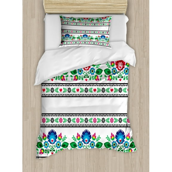 Polish Duvet Cover Set Twin Size, Horizontally Arranged Polish Folk Pattern with Flowers and Bands Streaks Curves, Decorative 2 Piece Bedding Set with 1 Pillow Sham, Multicolor, by Ambesonne