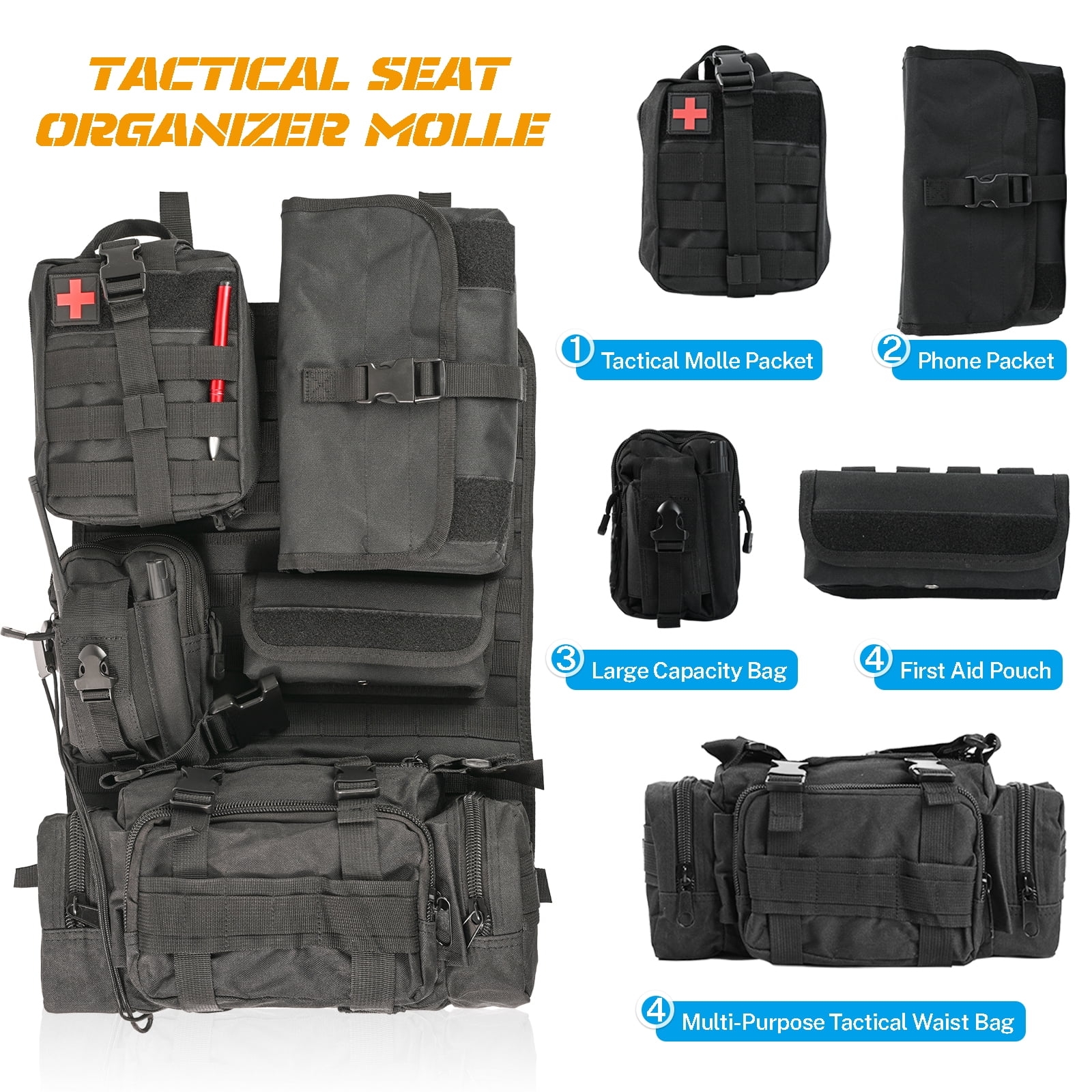 Tactical Car Back Seat Cover Molle Organizer Multi-function Bag Pockets Storage