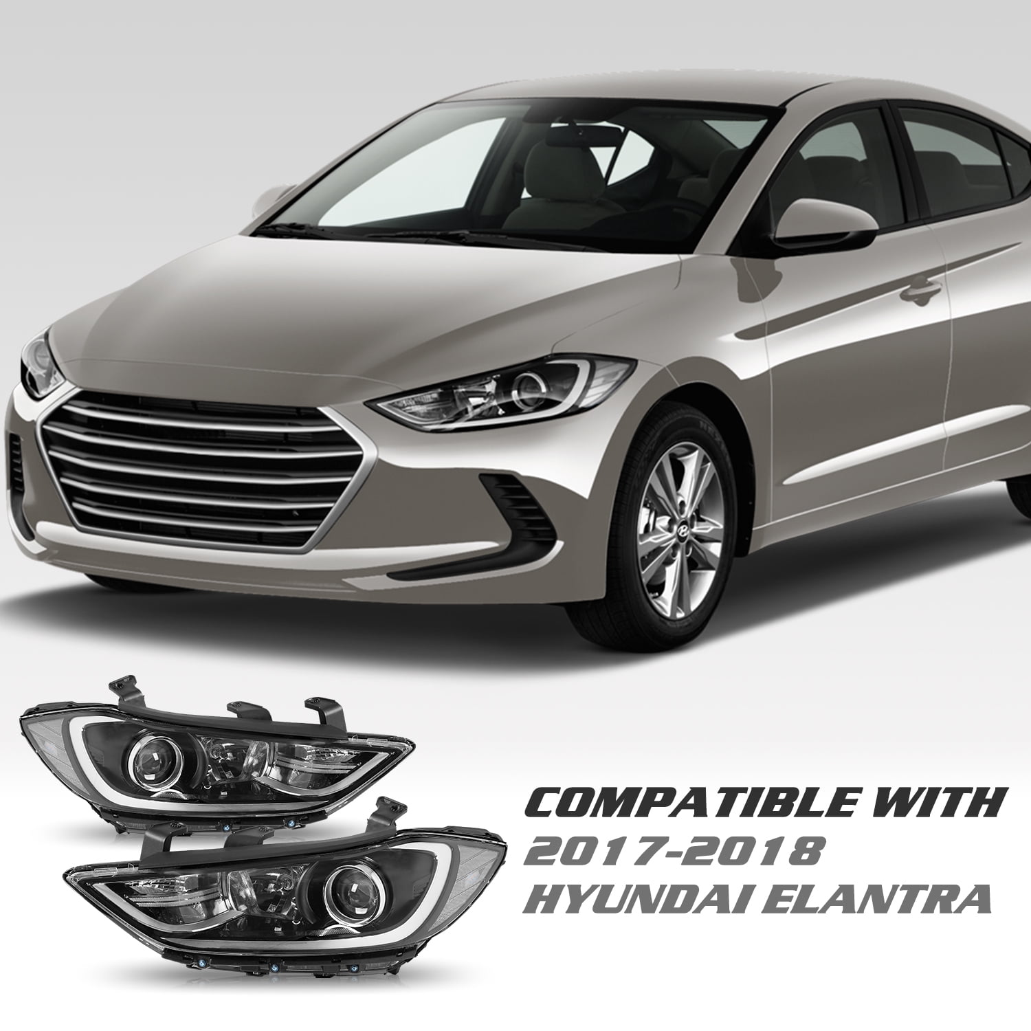For 2017 2018 Hyundai Elantra Chrome Clear Headlight Replacement Left&Right Pair