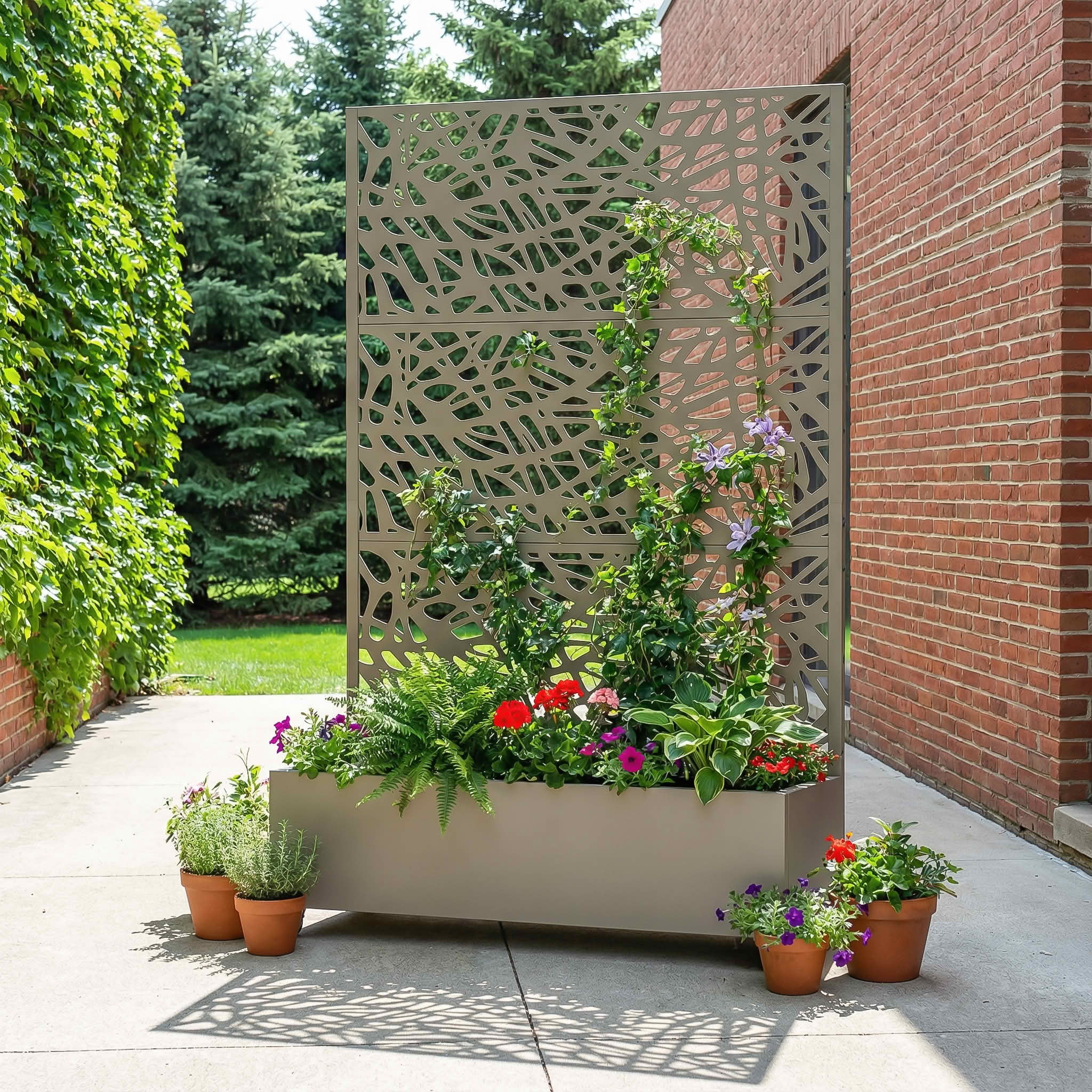 MAYEERTY 72X47" Metal Outdoor Olive Gray Privacy Screen with Planter Box for Backyard & Garden, 3 Piece Set