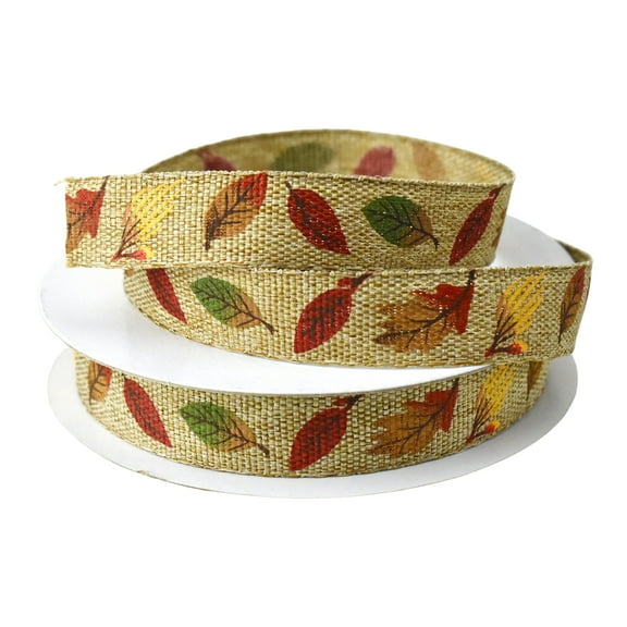Homeford Fall Leaves Faux Linen Ribbon, 5/8-inch, 10-yard, Natural